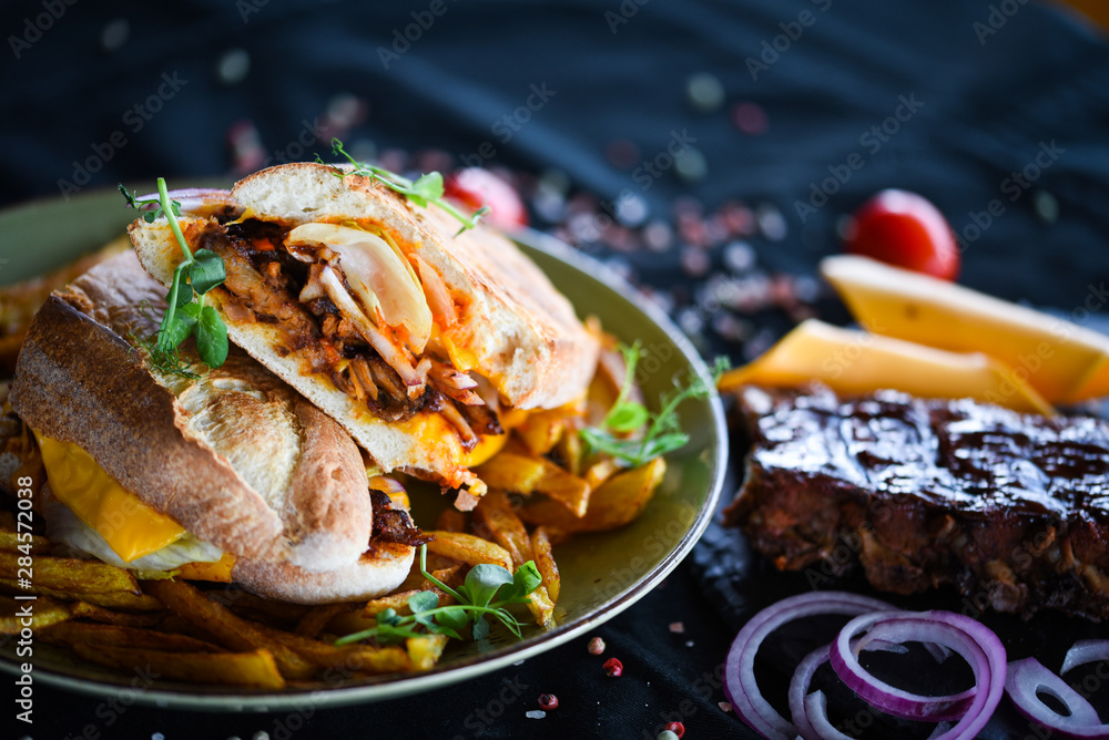 tasty ribs sandwich & french fries tasty ribs sandwich & french fries