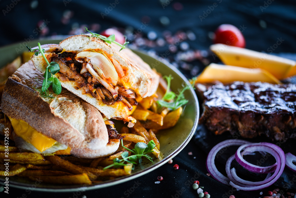 tasty ribs sandwich & french fries tasty ribs sandwich & french fries