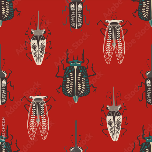 Folk Art Seamless Pattern With Bugs.