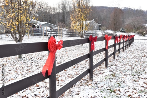 Christmas bows on long farm fence