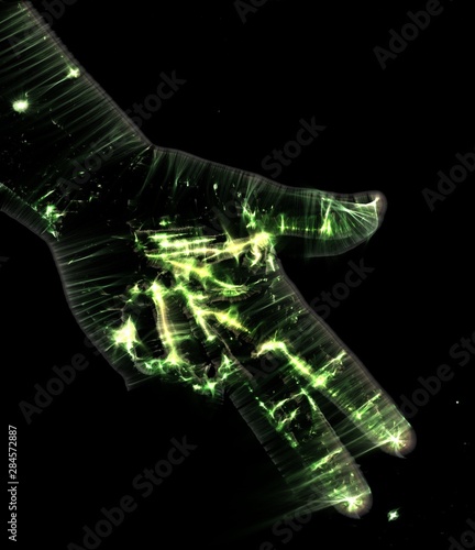 3D-Illustration of a glowing human female hand with a green kirlian aura showing different symbols photo