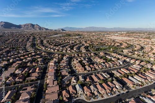 Aerial view of Summerlin streets and homes in suburban Las Vegas, Nevada.