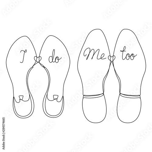 Wedding shoes of the bride and groom with the inscription one line drawing on white isolated background. Vector illustration