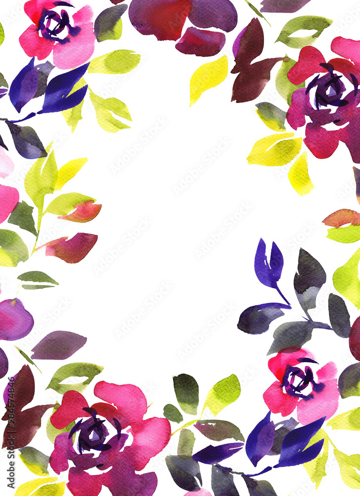 Floral card design. Drawn opulent roses with empty space in the center. Botanical frame made of flowers isolated on white. Background for postcard, greeting, wedding and invitation cards. Floral card design. Drawn opulent roses with empty space in the center. Botanical frame made of flowers isolated on white. Background for postcard, greeting, wedding and invitation cards.