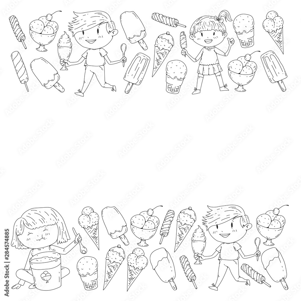 Little children eating ice cream. Summer vacation. Sweet fruit desert.