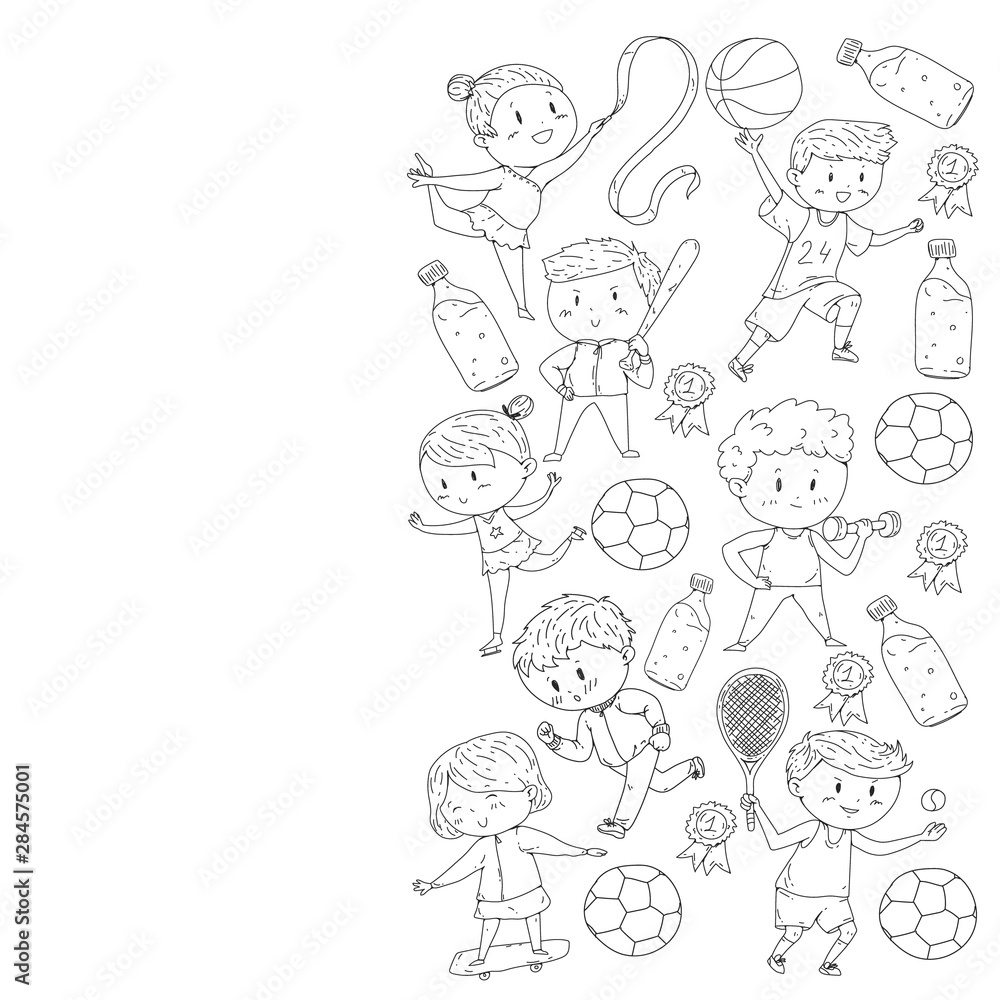 Children and sport. Vector illustration of activities. Football, soccer, running, dancing, martial arts. Health care in school and kindergarten. Children and sport. Vector illustration of activities. Football, soccer, running, dancing, martial arts. Health care in school and kindergarten.