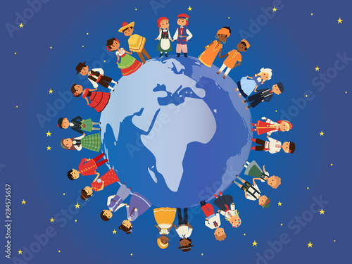 Children of different nationalities around earth banner vector illustration. Kids characters in traditional costume national dress. Cultures. International multicultural friendship. photo