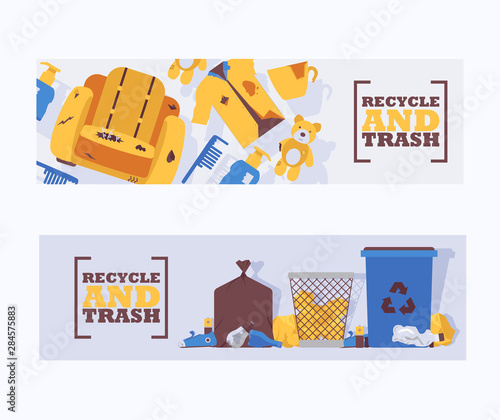 Recycle waste and trash concept banners vector illustration. Littering waste disposed improperly around blue plastic dust bin. Recycled garbage can. Rubbish on ground. Broken chair.