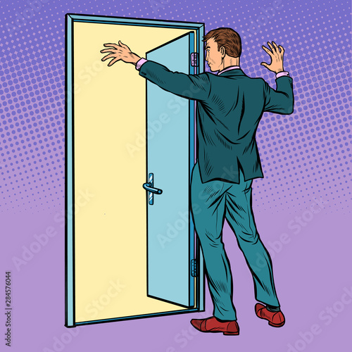 Pop art man opens the door, greeting