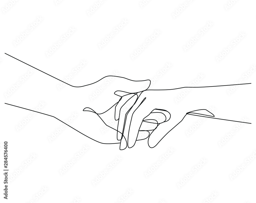 Fototapeta Holding hands one line drawing on white isolated background. Vector illustration