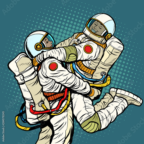 couple in love astronaut man and woman. love romance hugs
