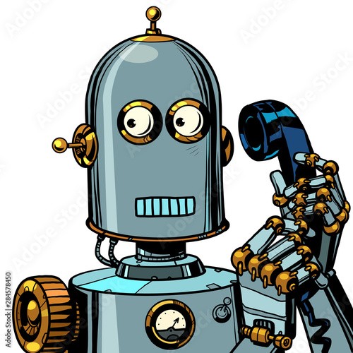 scared funny robot talking on a retro phone. isolate on white background