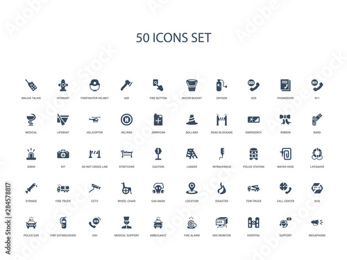 50 filled concept icons such as megaphone, support, hospital, ekg monitor, fire alarm, ambulance, medical support,24h, fire extinguisher, police car, bus, call center, tow truck