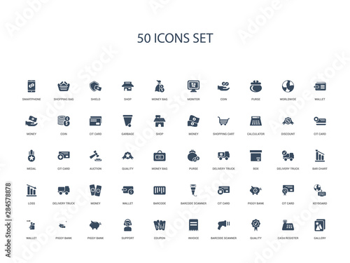 50 filled concept icons such as gallery, cash register, quality, barcode scanner, invoice, coupon, support,piggy bank, piggy bank, wallet, keyboard, cit card, piggy bank