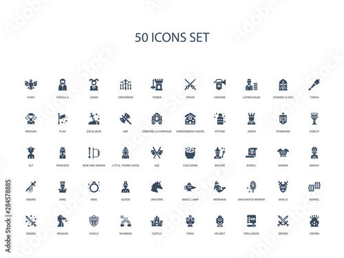 50 filled concept icons such as crown, sword, spellbook, helmet, frog, castle, rainbow,shield, dragon, sword, barrel, shield, enchanted mirror