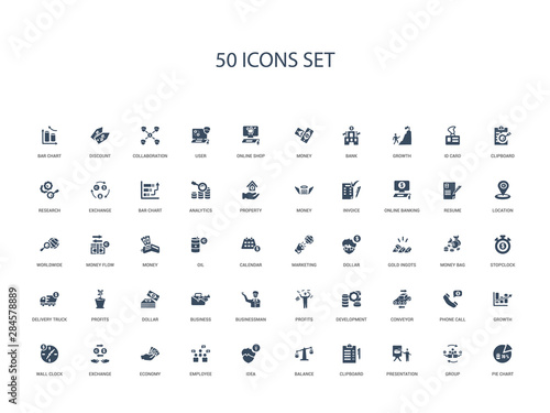 50 filled concept icons such as pie chart, group, presentation, clipboard, balance, idea, employee,economy, exchange, wall clock, growth, phone call, conveyor