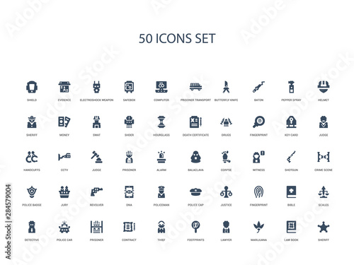 50 filled concept icons such as sheriff, law book, marijuana, lawyer, footprints, thief, contract,prisoner, police car, detective, scales, bible, fingerprint