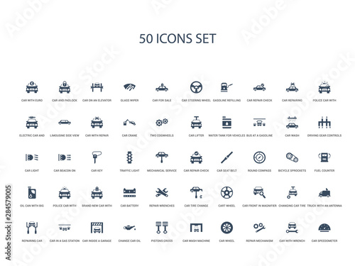 50 filled concept icons such as car speedometer, car with wrench, repair mechanism, car wheel, wash machine, pistons cross, change oil,car inside a garage, in a gas station, repairing truck with an