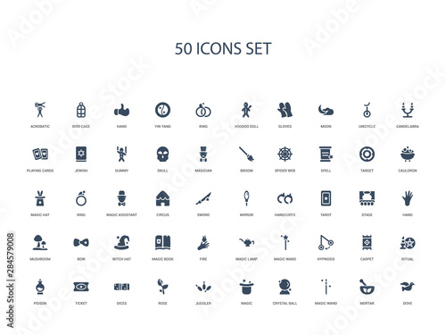 50 filled concept icons such as dove, mortar, magic wand, crystal ball, magic, juggler, rose,dices, ticket, poison, ritual, carpet, hypnosis