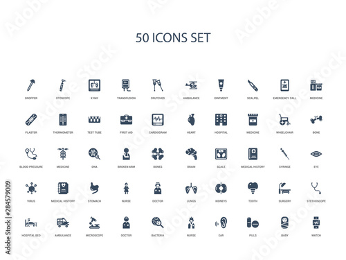50 filled concept icons such as watch, baby, pills, ear, nurse, bacteria, doctor,microscope, ambulance, hospital bed, stethoscope, surgery, tooth