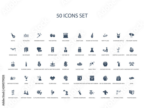 50 filled concept icons such as theatre masks, sprinkle stars, claping hands, disco ball, opening champagne bottle, birthday wish, three ornamental balloons,dj playing records, birthday friends,