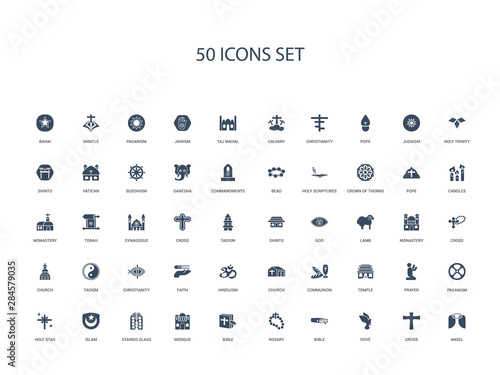 50 filled concept icons such as angel, cross, dove, bible, rosary, bible, mosque,stained glass, islam, holy star, paganism, prayer, temple