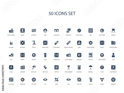 50 filled concept icons such as aperture, drone, delete, shutter, rgb, crop, eye,settings, exposure, play video, photograph, flash, umbrella