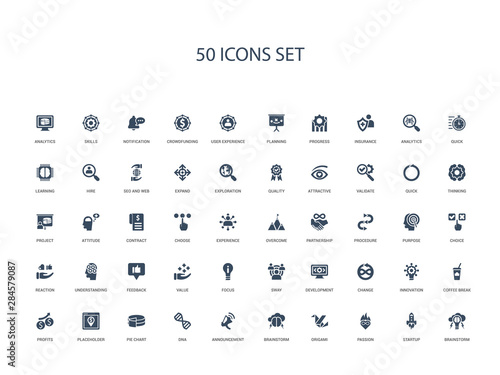 50 filled concept icons such as brainstorm, startup, passion, origami, brainstorm, announcement, dna,pie chart, placeholder, profits, coffee break, innovation, change