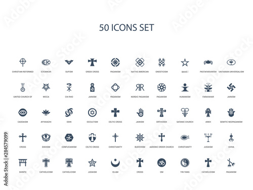 50 filled concept icons such as paganism, catholicism, yin yang, om, cross, islam, judaism,catholicism, catholicism, shinto, shiva, judaism, christianity