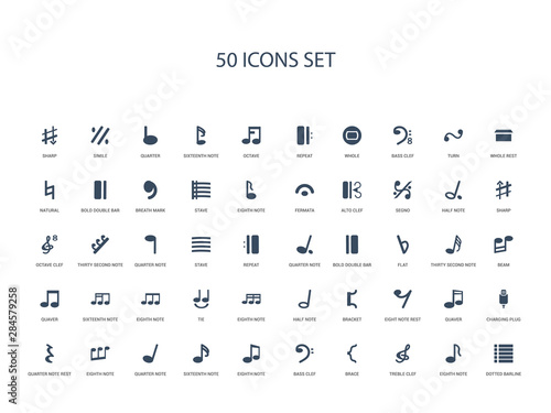 Wallpaper Mural 50 filled concept icons such as dotted barline, eighth note, treble clef, brace, bass clef, eighth note, sixteenth note,quarter note, eighth quarter rest, charging plug, quaver, eight rest Torontodigital.ca