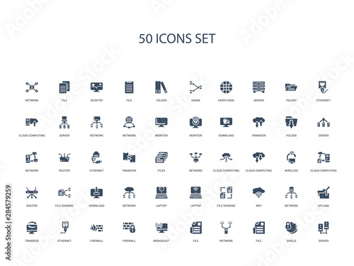 50 filled concept icons such as server, shield, file, network, file, broadcast, firewall,firewall, ethernet, transfer, upload, network, wifi