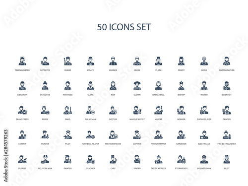 50 filled concept icons such as pilot, businessman, stewardess, office worker, singer, chef, teacher,painter, delivery man, florist, fire extinguisher, electrician, gardener