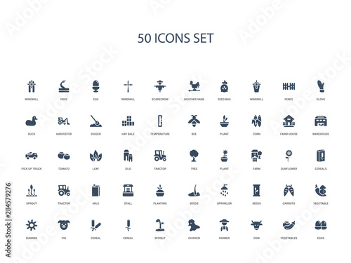 50 filled concept icons such as eggs, vegetables, cow, farmer, chicken, sprout, cereal,cereal, pig, sunrise, vegetable, carrots, seeds