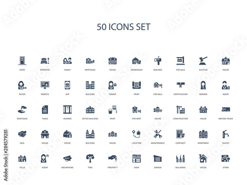 50 filled concept icons such as store, house, buildings, garage, shop, property, tree,megaphone, agent, villa, faucet, apartment, contract