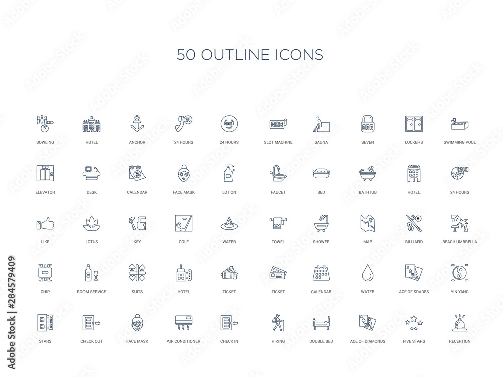 50 outline concept icons such as reception, five stars, ace of diamonds, double bed, hiking, check in, air conditioner,face mask, check out, stars, yin yang, ace of spades, water