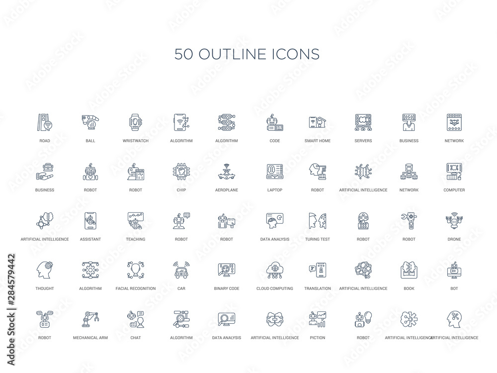 50 outline concept icons such as artificial intelligence, artificial intelligence, robot, piction, artificial intelligence, data analysis, algorithm,chat, mechanical arm, robot, bot, book,