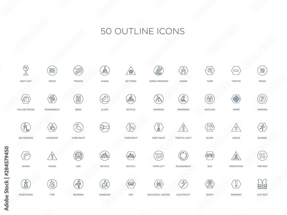 50 outline concept icons such as life vest, warning, death, electricity, biological hazard, car, handicap,working, fire, pedestrian, two way, pedestrian, bus 50 outline concept icons such as life vest, warning, death, electricity, biological hazard, car, handicap,working, fire, pedestrian, two way, pedestrian, bus
