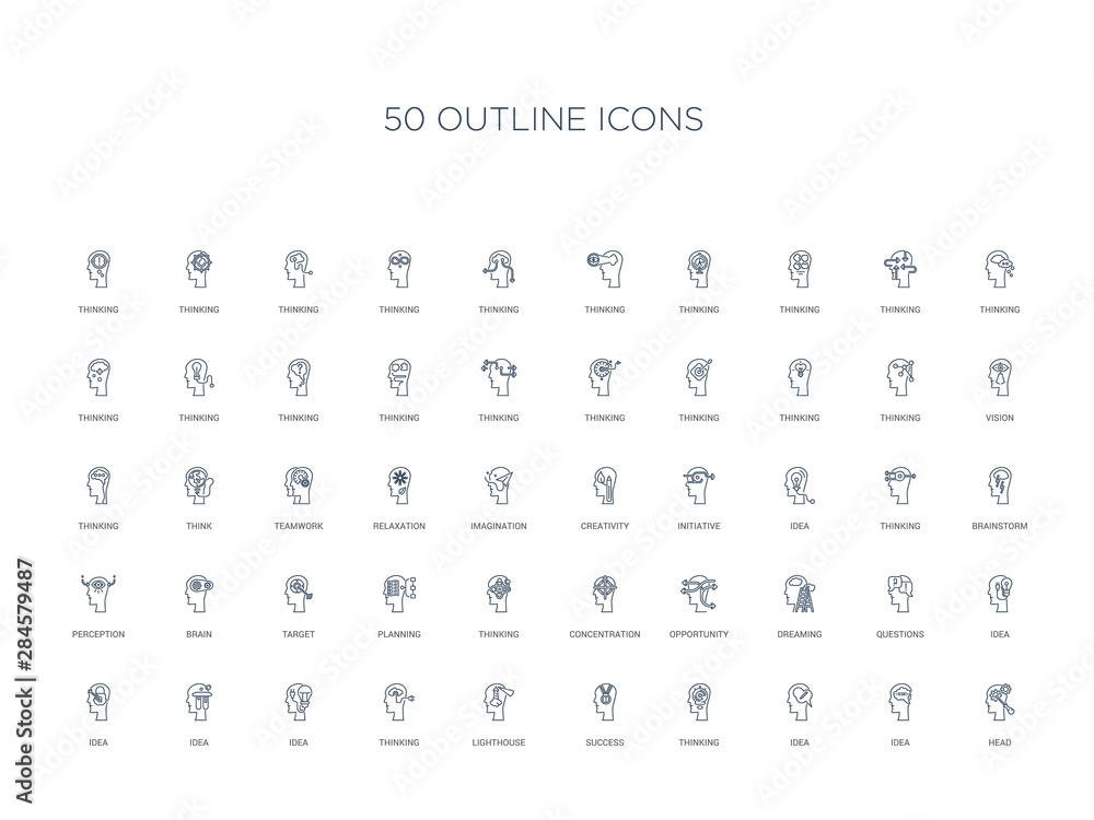 50 outline concept icons such as head, idea, idea, thinking, success, lighthouse, thinking,idea, idea, questions, dreaming