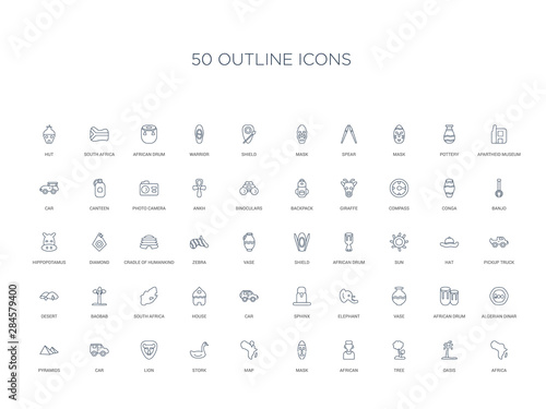 50 outline concept icons such as africa, oasis, tree, african, mask, map, stork,lion, car, pyramids, algerian dinar, african drum, vase