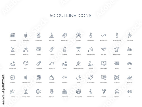 50 outline concept icons such as gym, cooking, singing, warming up, travelling, swimming, bowling,rafting, hockey stick, hiking, pedestal, cleaning, disc jockey