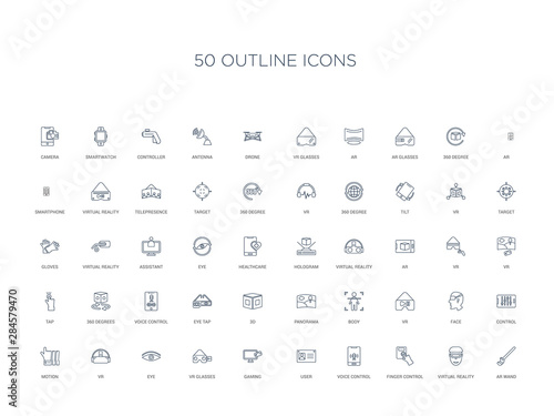 50 outline concept icons such as ar wand, virtual reality, finger control, voice control, user, gaming, vr glasses,eye, vr, motion, control, face, vr