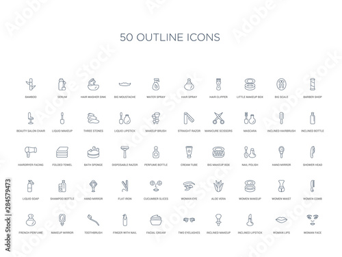 50 outline concept icons such as woman face, woman lips, inclined lipstick, inclined makeup brush, two eyelashes, facial cream, finger with nail,toothbrush, makeup mirror, french perfume, women
