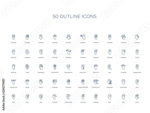 50 outline concept icons such as head, idea, idea, thinking, success, lighthouse, thinking,idea, idea, questions, dreaming