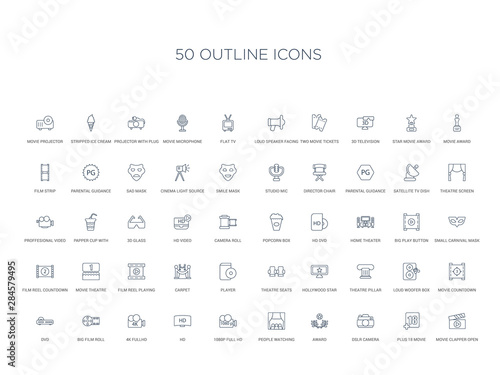 50 outline concept icons such as movie clapper open, plus 18 movie, dslr camera, award, people watching a movie, 1080p full hd, hd,4k fullhd, big film roll, dvd, countdown, loud woofer box, theatre