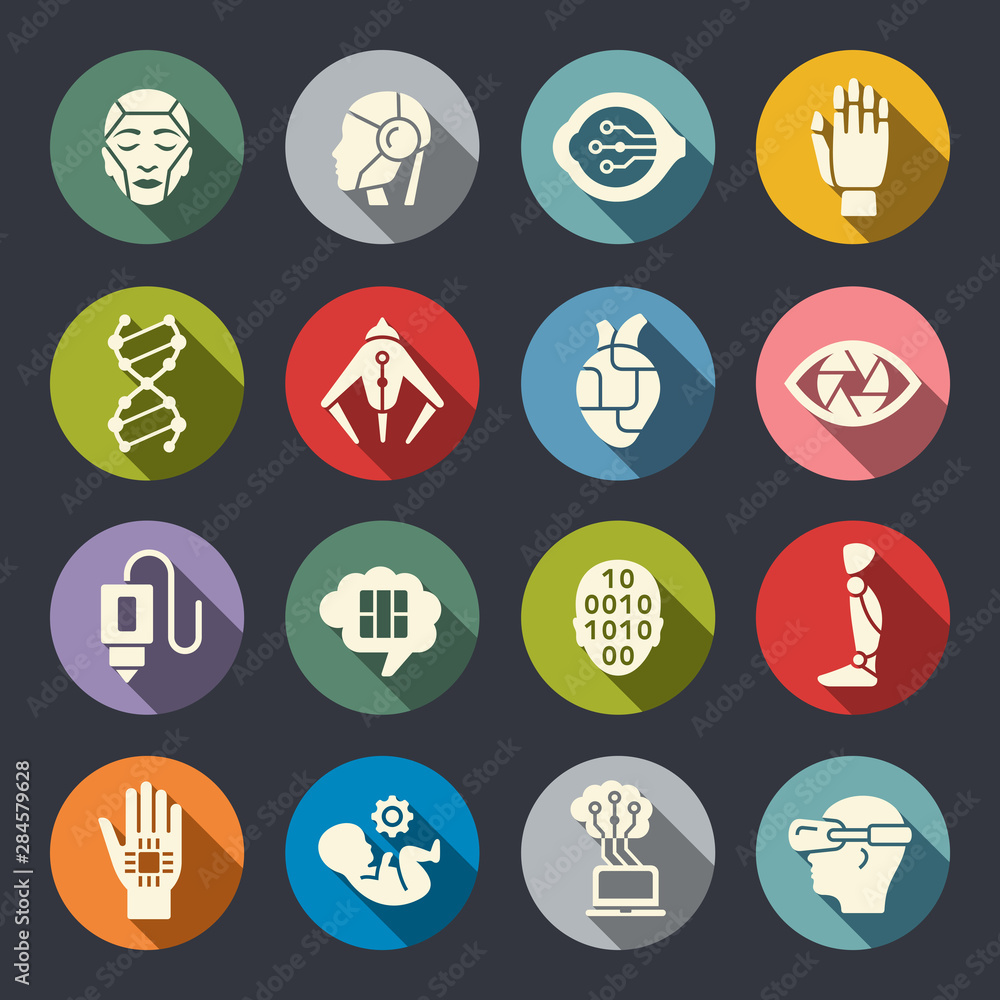 Cyber technology, ai, transhumance flat vector icons Cyber technology, ai, transhumance flat vector icons