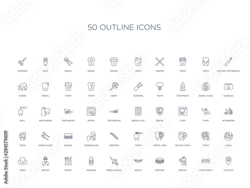50 outline concept icons such as location, clean tooth, dentist, denture, mouth, dental needle, medicine,dental, dentist, tooth, virus, tooth, healthy
