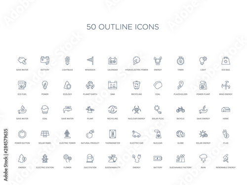 50 outline concept icons such as renewable energy, rain, sustainable factory, battery, energy, sustainability, gas station,flower, electric station, energy, plug, solar globe