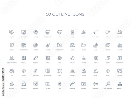 50 outline concept icons such as firewall, code injection, malware, malware, pendrive, spy, folder,malware, stalking, stalking, rootkit, alert, alert