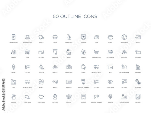 50 outline concept icons such as gallery, cash register, quality, barcode scanner, invoice, coupon, support,piggy bank, piggy bank, wallet, keyboard, cit card, piggy bank