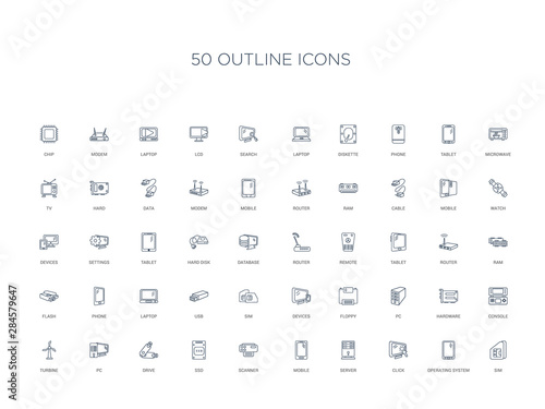 50 outline concept icons such as sim, operating system, click, server, mobile, scanner, ssd,drive, pc, turbine, console, hardware, pc